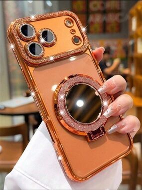 Luxury Rhinestone Mirror Ring Phone Case with Lens Protection IP 17 Pro